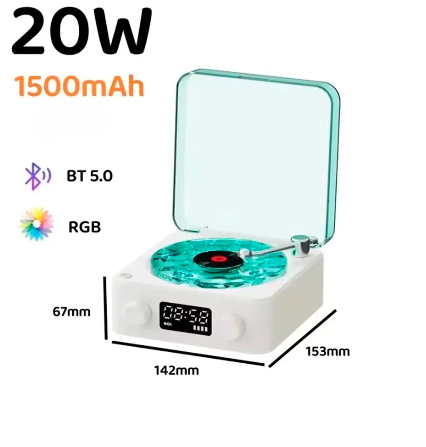 Caixa de Som Bluetooth Retro – Mini Vitrola, Relógio e Luz LED