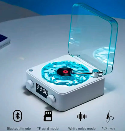 Caixa de Som Bluetooth Retro – Mini Vitrola, Relógio e Luz LED