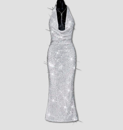 Vestido Sexy Halter Neck com Paetês e Costas Nuas | Elegante e Brilhante