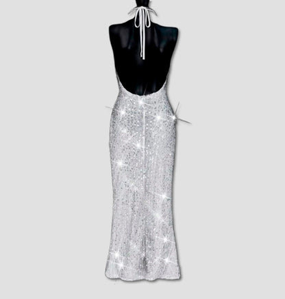 Vestido Sexy Halter Neck com Paetês e Costas Nuas | Elegante e Brilhante