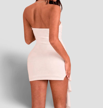 Vestido Sem Alças com Pregas, Fenda Alta e Cinto