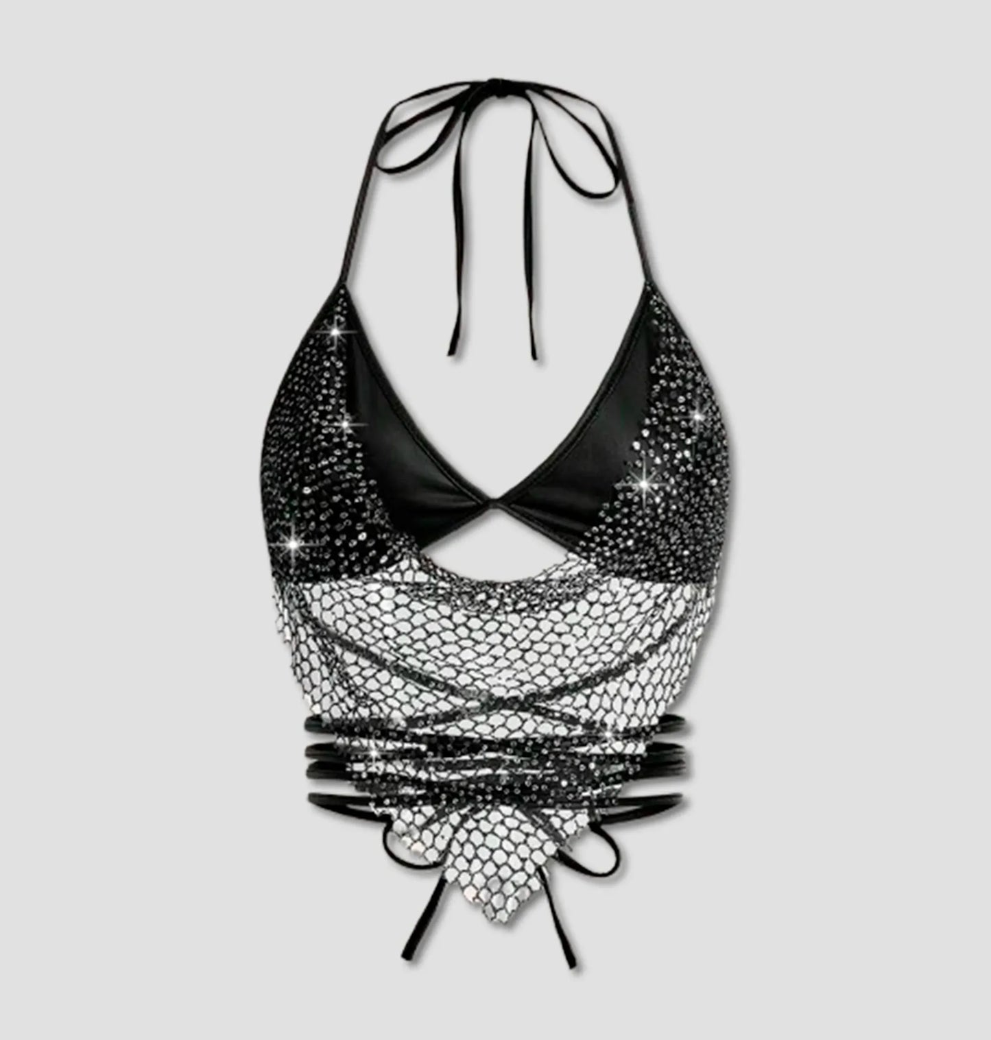 Top com decote halter, rede e glitter, com alças e costas abertas