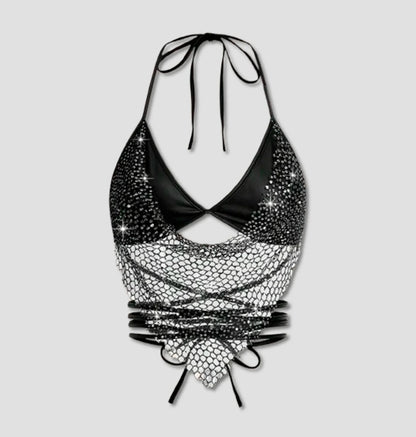 Top com decote halter, rede e glitter, com alças e costas abertas