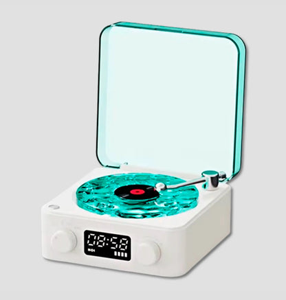Caixa de Som Bluetooth Retro – Mini Vitrola, Relógio e Luz LED